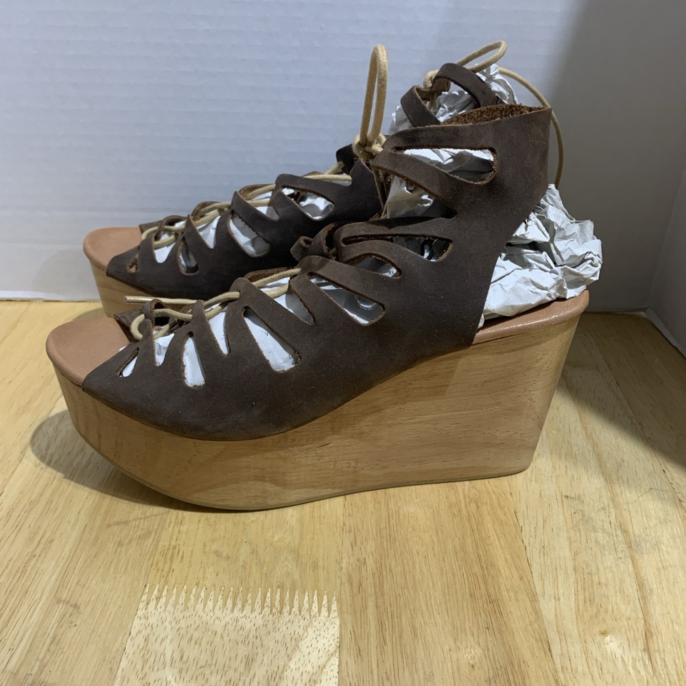 MUSSE & CLOUD Brown Nubuck Leather Lace Up Wooden Platform Wedge Sandals‎ 40/9M
